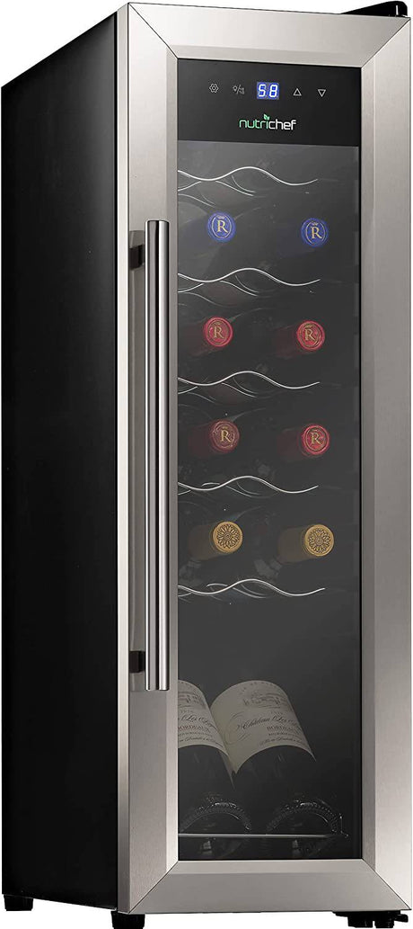 NutriChef PKCWC12 - Refrigerador de vino de 12 botellas - Refrigerador de vino blanco tinto enfriador de vino de encimera - Mini refrigerador de vino compacto independiente 12 botellas con control digital, puerta de acero inoxidable - DIGVICE MX