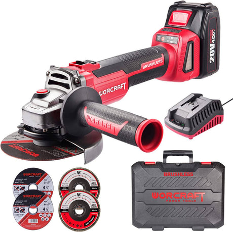 WORCRAFT Amoladora angular inalámbrica, motor sin escobillas, disco de 4-1/2", dos velocidades, batería de iones de litio de 20 V 4,0 Ah, viene con caja de herramientas, cargador y 4 discos - DIGVICE MX