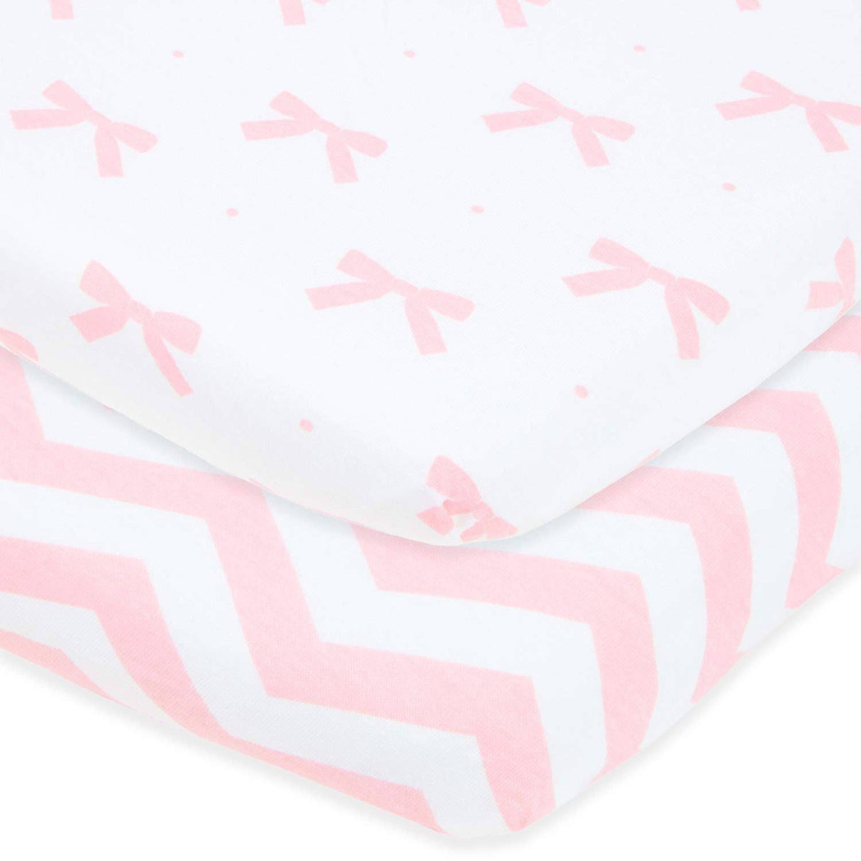Cuddly Cubs - Juego de sábanas ajustables – para Graco Pack n Play Playard – Paquete de 2 – Juego de sábanas para colchón de cuna de algodón de jersey suave y cómodo para bebé niña – Lazos rosas, Chevron - DIGVICE MX