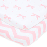 Cuddly Cubs - Juego de sábanas ajustables – para Graco Pack n Play Playard – Paquete de 2 – Juego de sábanas para colchón de cuna de algodón de jersey suave y cómodo para bebé niña – Lazos rosas, Chevron - DIGVICE MX