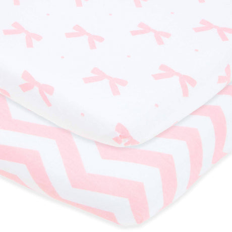 Cuddly Cubs - Juego de sábanas ajustables – para Graco Pack n Play Playard – Paquete de 2 – Juego de sábanas para colchón de cuna de algodón de jersey suave y cómodo para bebé niña – Lazos rosas, Chevron - DIGVICE MX