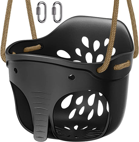 SELEWARE Asiento de columpio para niños pequeños con respaldo alto y respaldo alto con mosquetones de bloqueo y cuerda ajustable, lindo diseño en forma de elefante, límite de peso de 600 lb (columpio de cubo, negro) - DIGVICE MX