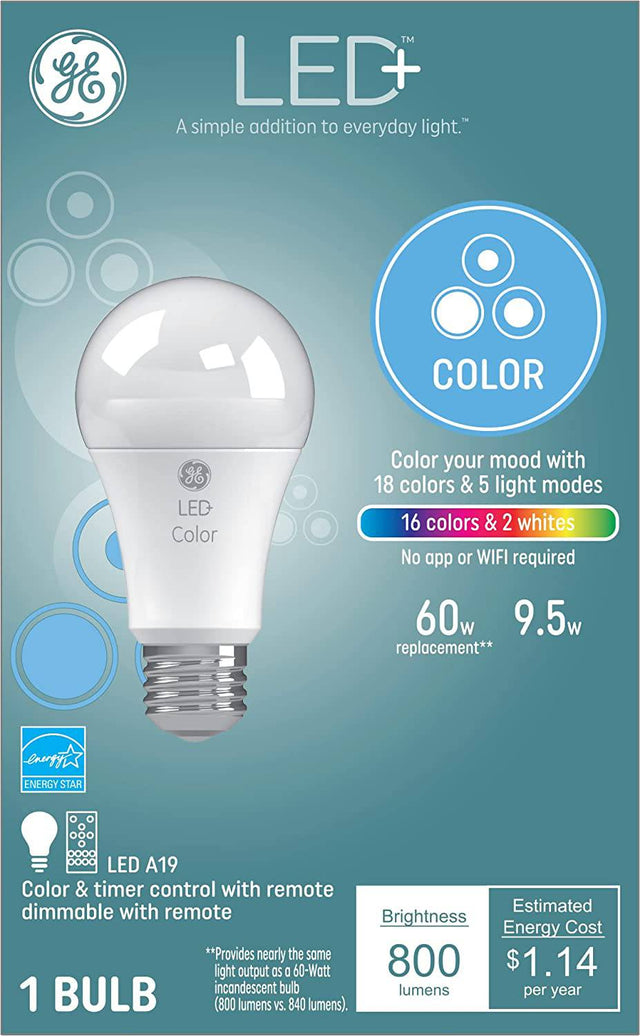 GE LED+ Bombillas que cambian de color, 18 colores y 5 modos de luz, no requiere aplicación o Wi-Fi, mando a distancia incluido, bombilla A19 (1 paquete) - DIGVICE MX
