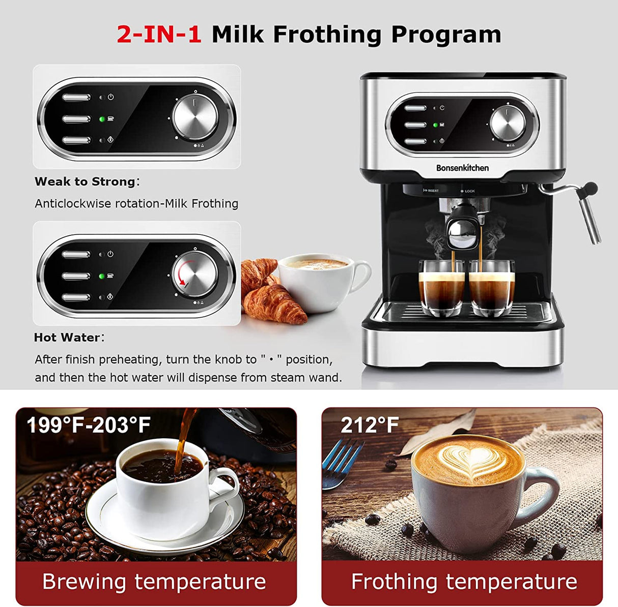 Bosenkitchen CM8008 Máquina de café espresso de 15 bares con varilla espumadora de leche, 850 W de alto rendimiento sin fugas de 1,5 litros con depósito de agua extraíble para espresso, capuchino, café con leche, Machiato