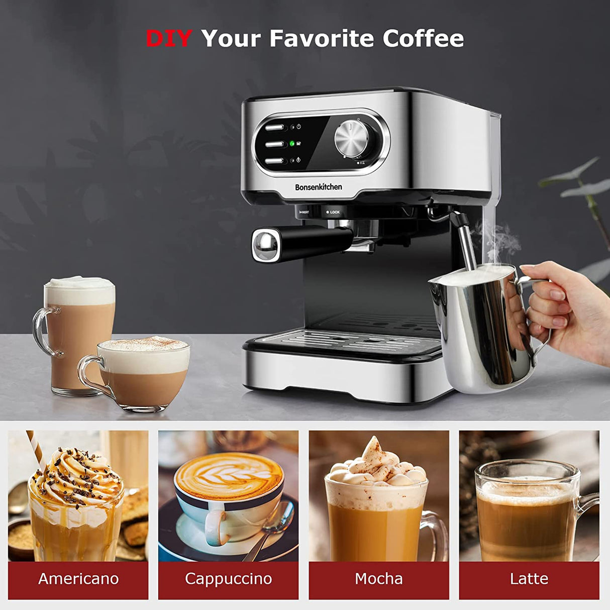Bosenkitchen CM8008 Máquina de café espresso de 15 bares con varilla espumadora de leche, 850 W de alto rendimiento sin fugas de 1,5 litros con depósito de agua extraíble para espresso, capuchino, café con leche, Machiato