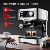 Bosenkitchen CM8008 Máquina de café espresso de 15 bares con varilla espumadora de leche, 850 W de alto rendimiento sin fugas de 1,5 litros con depósito de agua extraíble para espresso, capuchino, café con leche, Machiato