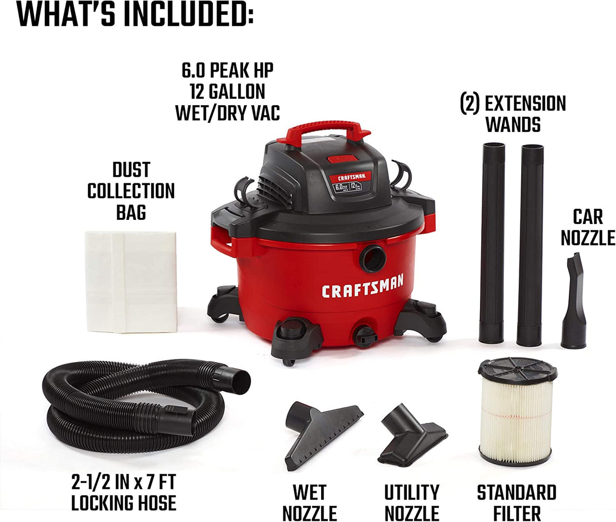 CRAFTSMAN CMXEVBE17594 Aspiradora portátil para uso en seco/húmedo de 12 galones, 6.0 HP de pico, con accesorios