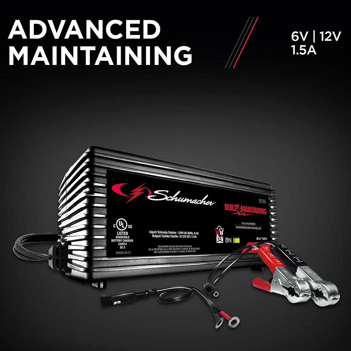 Schumacher SC1355 Arrancador de batería completamente automático - 1.5 Amp, 6/12V - Para baterías de automóviles, deportivas o marinas