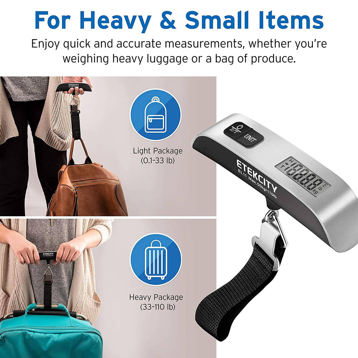 Etekcity Báscula de equipaje, peso de maleta de mano portátil digital para viajes con pintura de goma, sensor de temperatura, 110 libras, batería incluida - DIGVICE MX