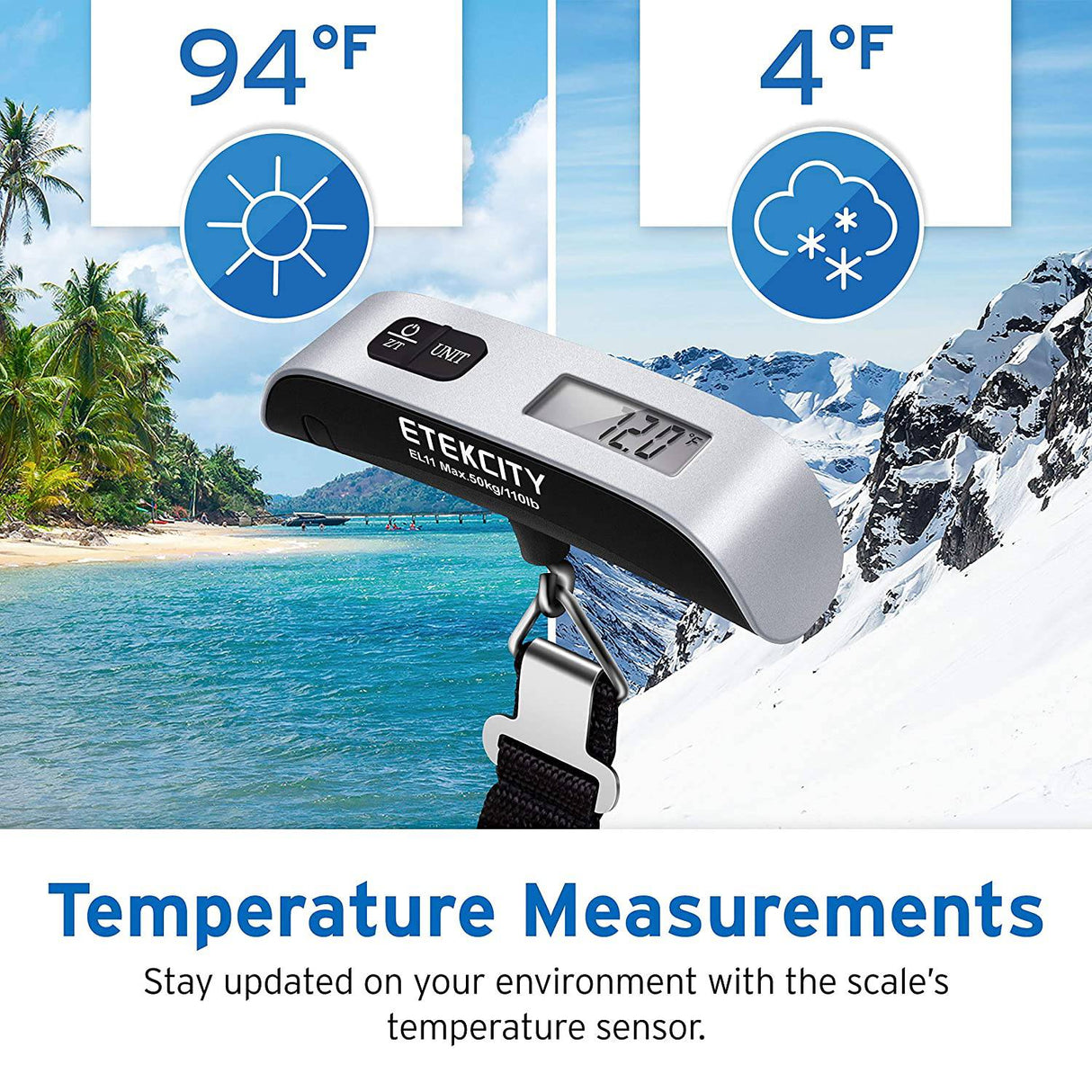 Etekcity Báscula de equipaje, peso de maleta de mano portátil digital para viajes con pintura de goma, sensor de temperatura, 110 libras, batería incluida - DIGVICE MX