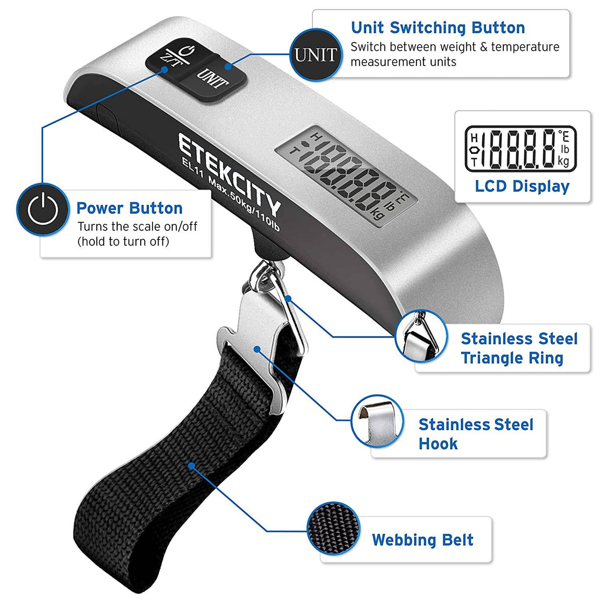 Etekcity Báscula de equipaje, peso de maleta de mano portátil digital para viajes con pintura de goma, sensor de temperatura, 110 libras, batería incluida - DIGVICE MX