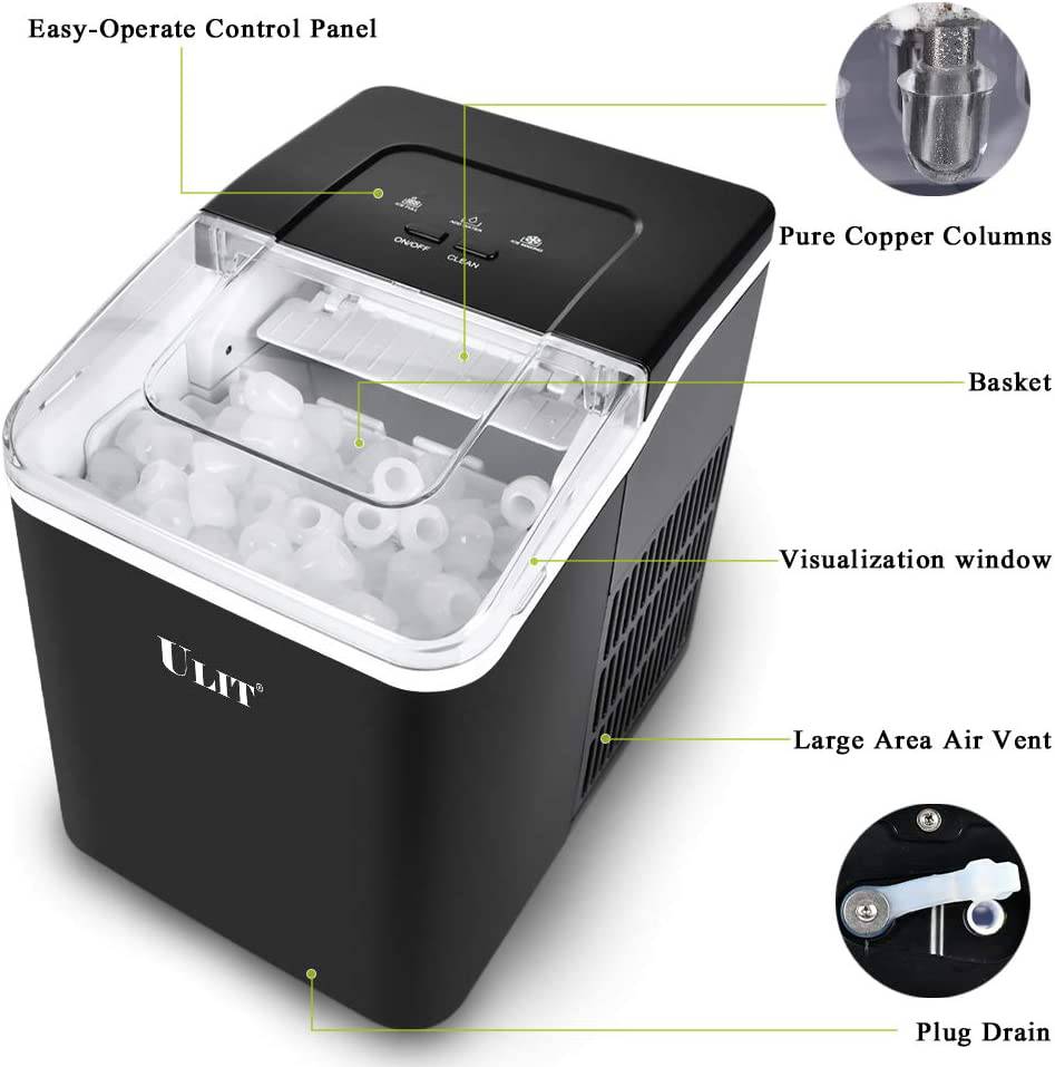 Máquina para hacer hielo portátil ULIT, máquina para hacer hielo para encimera, máquina para hacer cubitos de hielo con función de autolimpieza, hacer hielo de 26 libras en 24 horas, con cuchara para hielo y cesta (negro) - DIGVICE MX