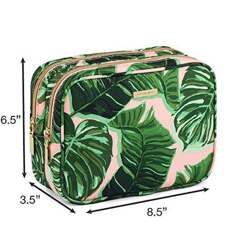 Sophia Joy - Bolsa organizadora de cosméticos y artículos de tocador con doble compartimento con cremallera en rosa tropical y patrón de moda verde con herrajes dorados exclusivos