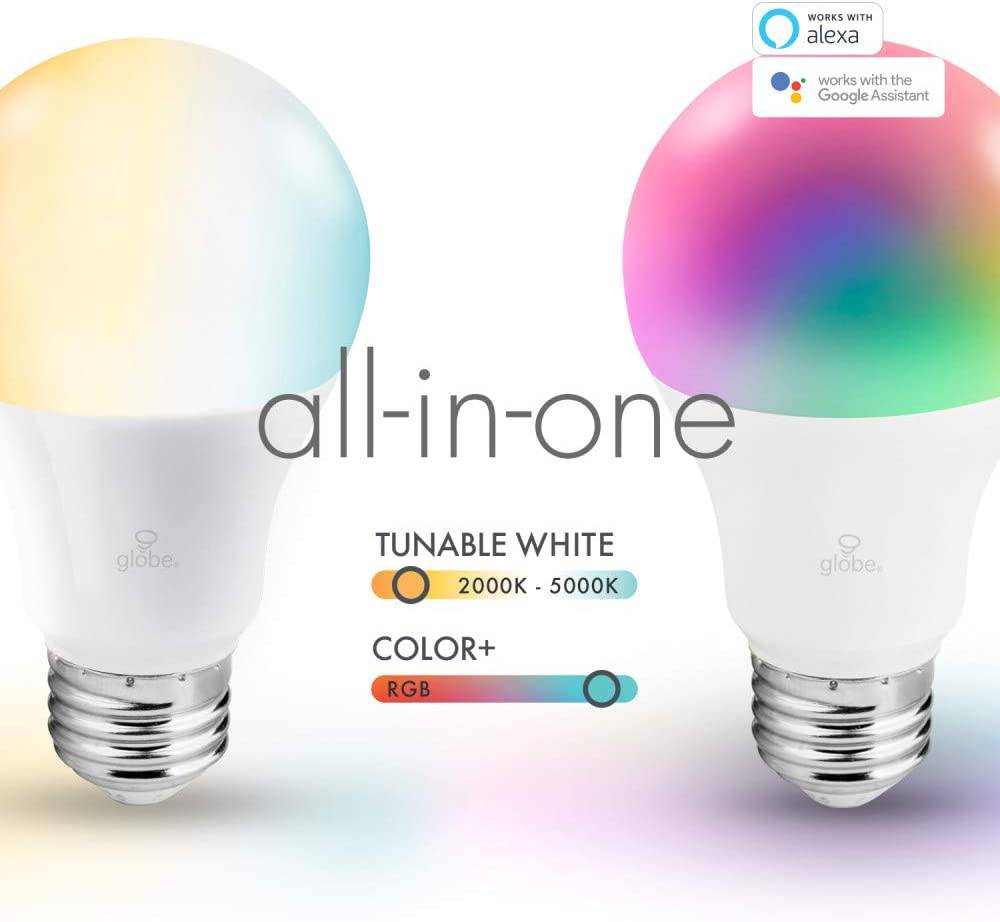 Globe Electric 34207 Wi-Fi Smart 10 W (equivalente a 60 W) multicolor cambiante RGB Tunable White Frosted LED foco de luz paquete de 2, no requiere concentrador, activado por voz, 2000 K - 5000 K, forma A19, base E26 - DIGVICE MX