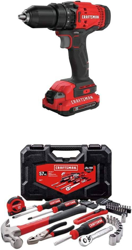 CRAFTSMAN V20 Kit de taladro/atornillador inalámbrico con kit de herramientas mecánicas/juego de dados, 57 piezas (CMCD700C1 y CMMT99446) - DIGVICE MX