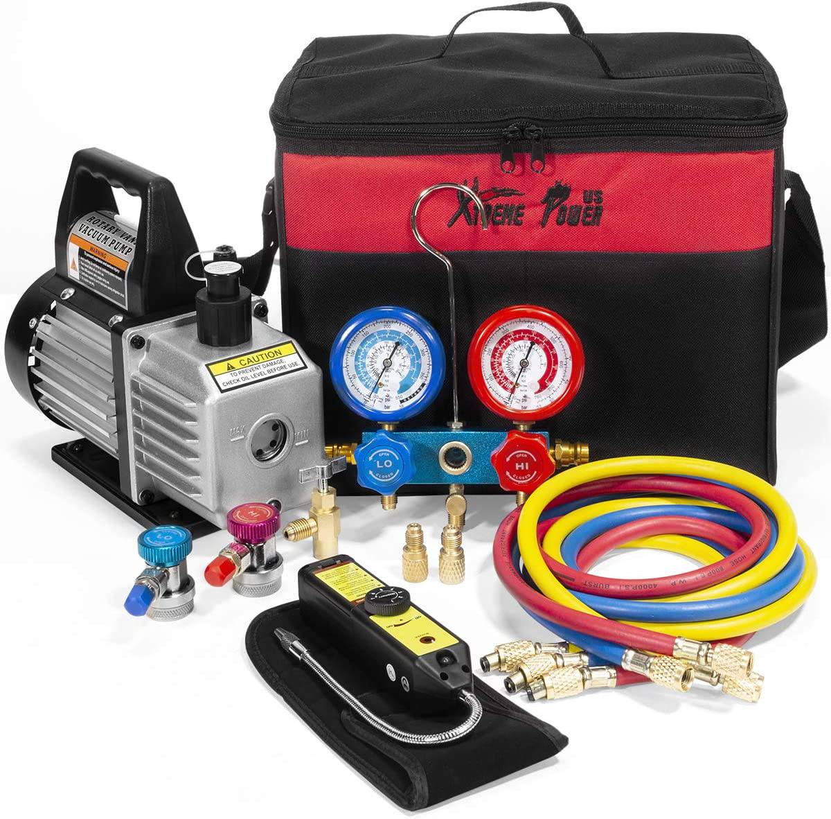 XtremepowerUS Premium 4CFM Bomba de vacío de aire HVAC A/C Kit de refrigeración AC Manifold Case Set R134a Tap con detector de fugas y bolsa de transporte - DIGVICE MX