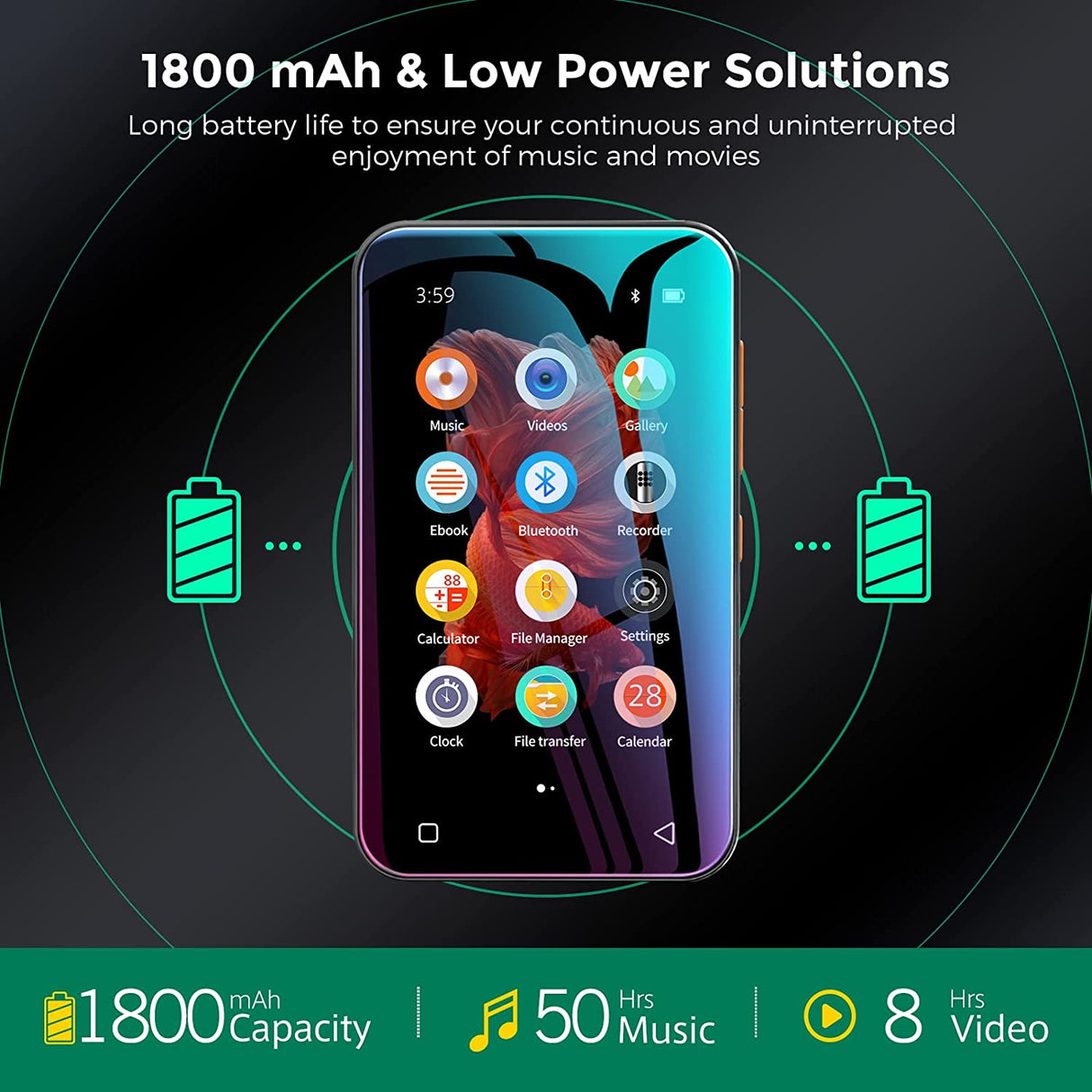 TIMMKOO Reproductor de MP3 con Bluetooth, pantalla táctil completa de 4.0" Reproductor de MP4 con altavoz Q3E