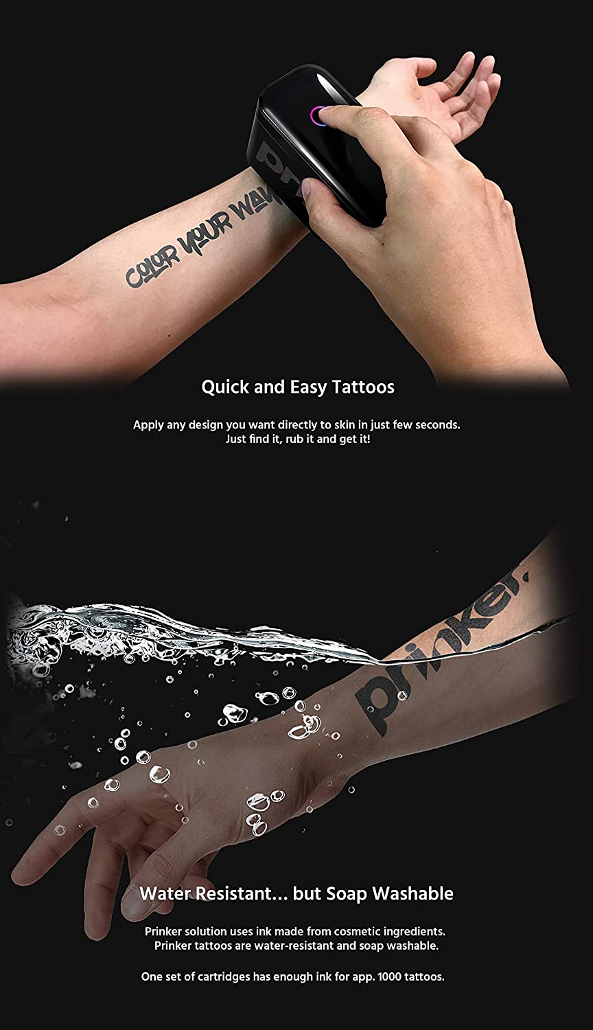 Prinker S Juego de recarga de tinta negra para tatuajes temporales con cartucho de tinta negra cosmético premium e imprimación para la piel - Compatible con el dispositivo Prinker S