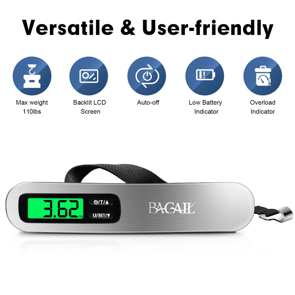 BAGAIL Báscula digital para equipaje, báscula colgante para equipaje con pantalla LCD retroiluminada, báscula de peso de viaje, báscula portátil para maleta con gancho, capacidad de 110 libras, batería incluida, color plateado
