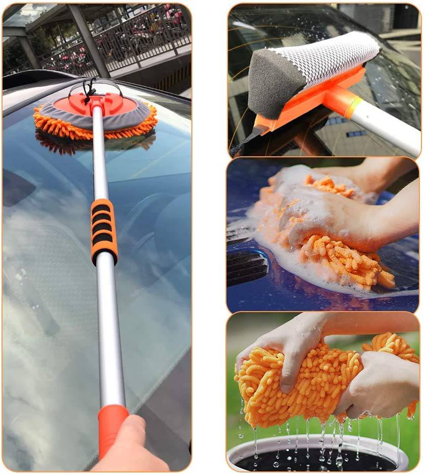 Buyplus - Fregona con cepillo para lavado de coche con mango largo de aleación de aluminio de 46 pulgadas, kit de limpieza de coche de microfibra de chenilla 3 en 1, cepillo para polvo, no daña la pintura