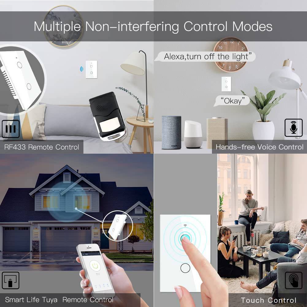MOES 2.4GHz WiFi Wall Touch Smart Switch Neutral Wire Requiere, 3 Way Multi-Control, Glass Panel Light Switch Funciona con Smart Life/Tuya App, RF433 Remote Control, Alexa y Google Home White 2 Gang - DIGVICE MX