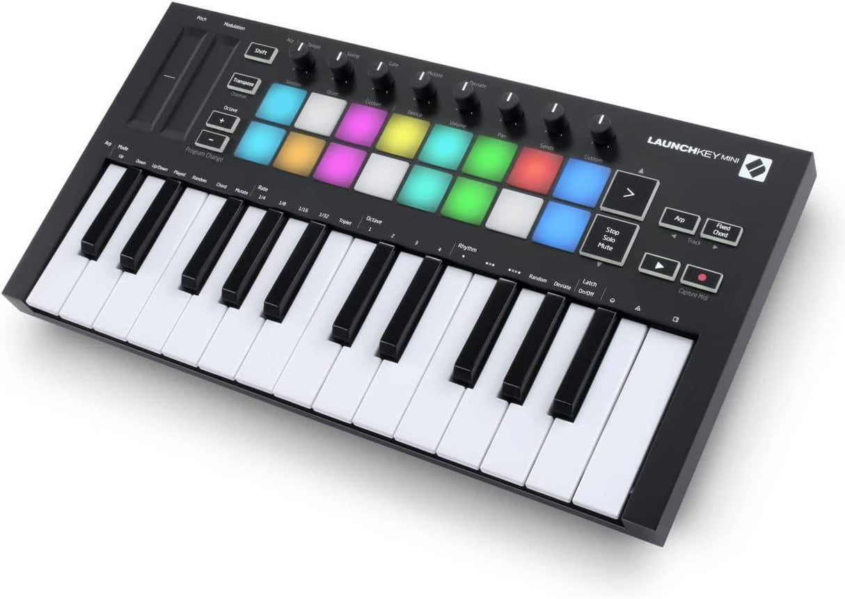 Novation Launchkey Mini [MK3]: controlador de teclado MIDI portátil de 25 teclas, USB, con integración DAW. Modo de acordes, modo de escala y arpegiador: para producción musical