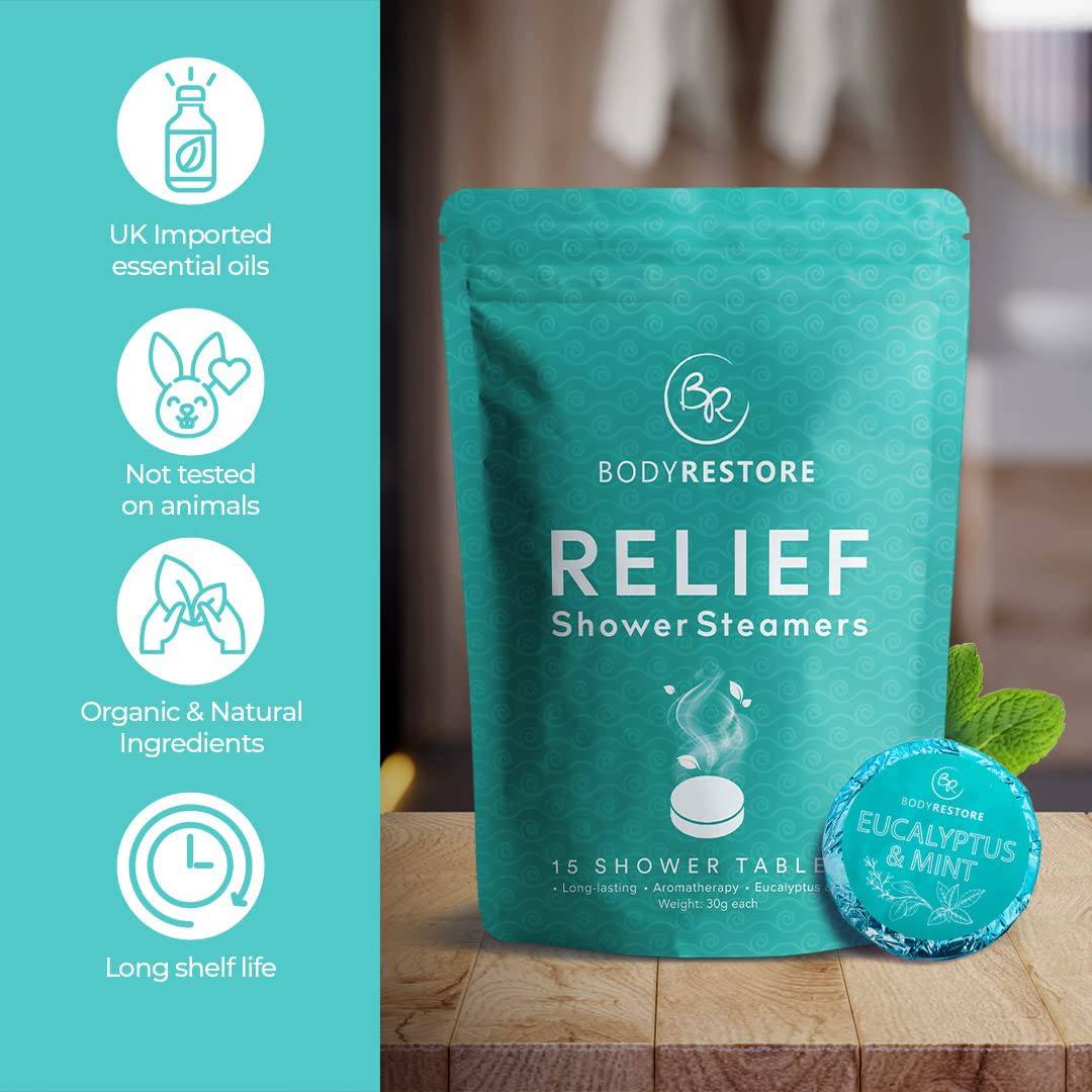 BodyRestore Shower Steamers Aromaterapia - Paquete de 15 bombas de ducha para mujeres, tabletas de ducha de eucalipto para la congestión nasal, alivio del estrés de aceite esencial