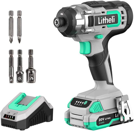 Litheli Controlador de impacto inalámbrico de 20 V, par de torsión de 1150 en libras, portabrocas hexagonales de liberación rápida de 1/4 pulgadas, 3 adaptadores de enchufe, 2 puntas de conductor, con batería de 2.0 Ah y cargador rápido de 1 hora - DIGVICE MX