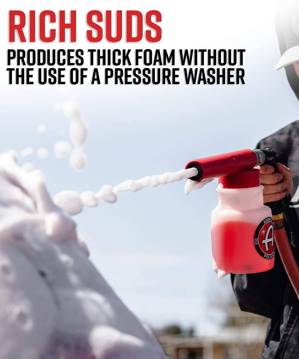 Adam's Premium Pistola de espuma para lavado de autos para manguera de jardín | Mezclar con agua y jabón para coche y no requiere lavadora a presión. Pulverizador de espuma para limpieza y detallado de automóviles Mega Suds