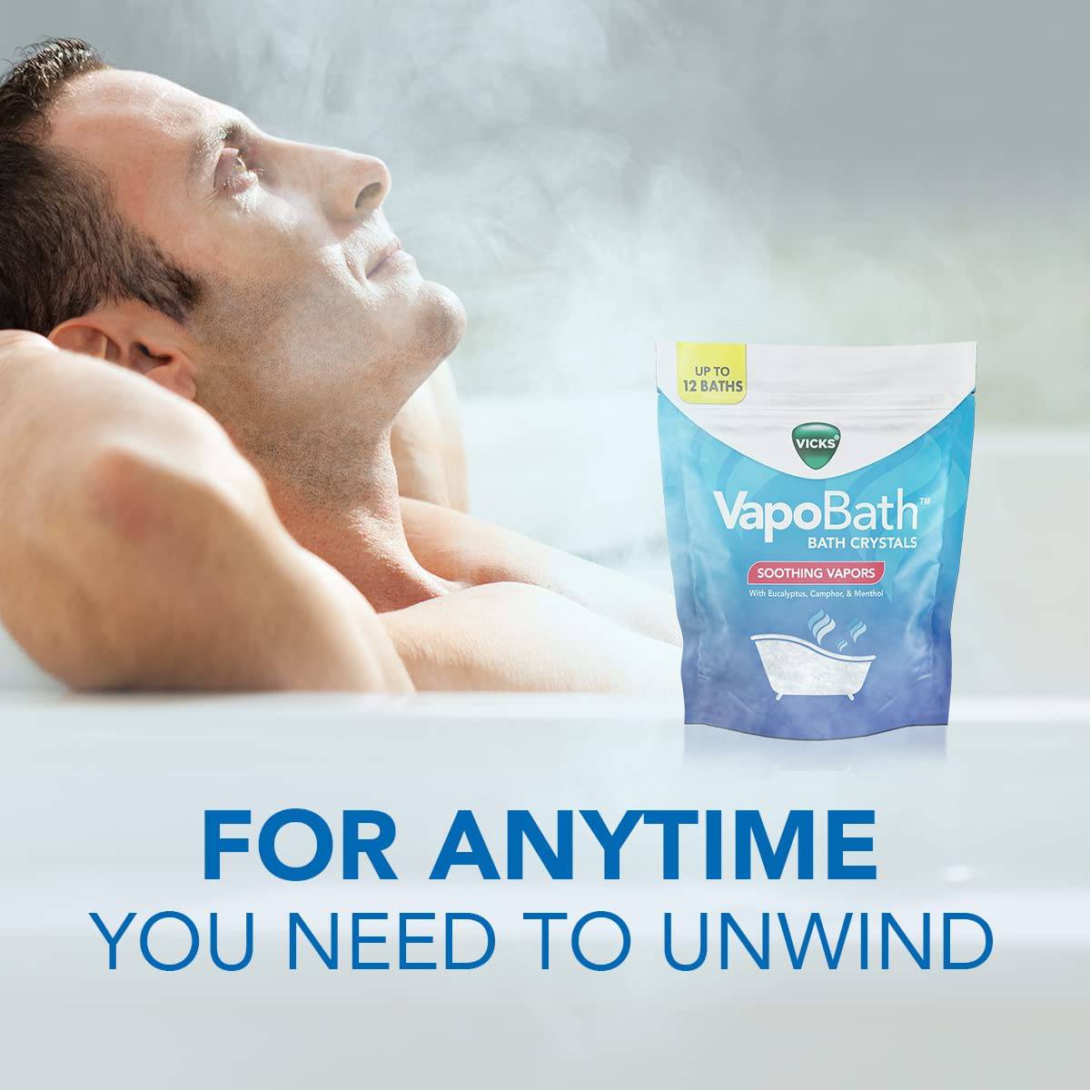 Vicks VapoBath, cristales de baño, bomba de baño, sales de baño no medicinales, aromaterapia de vapor calmante Vicks Vapors con eucalipto y mentol, contiene aceites esenciales, 36 oz