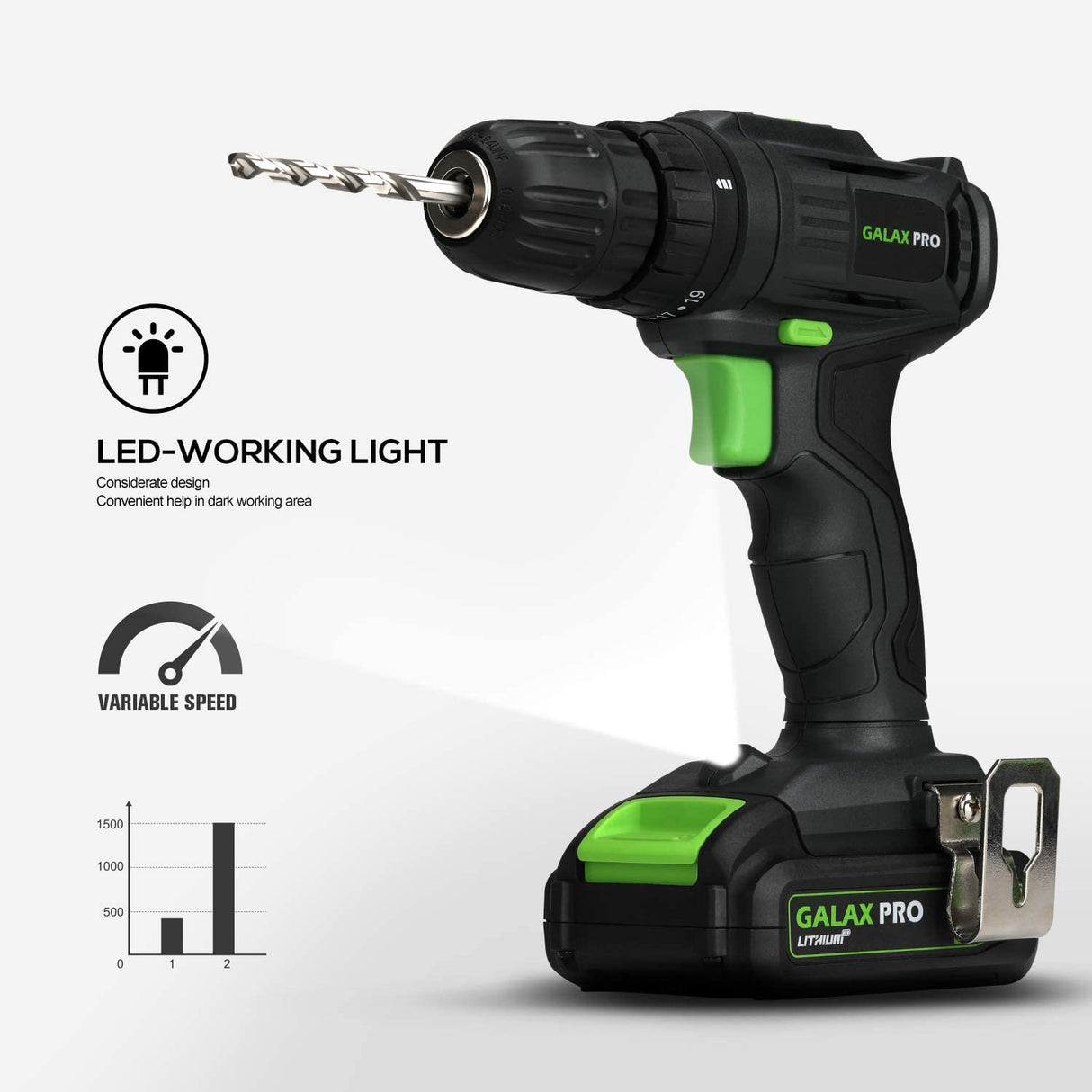 GALAX PRO Taladro compacto de 2 velocidades 20 V MAX taladro de iones de litio/controlador, taladro eléctrico de 3/8 pulgadas con ajuste de par de 19 + 1, batería de 1,3 Ah, luz de trabajo LED - DIGVICE MX