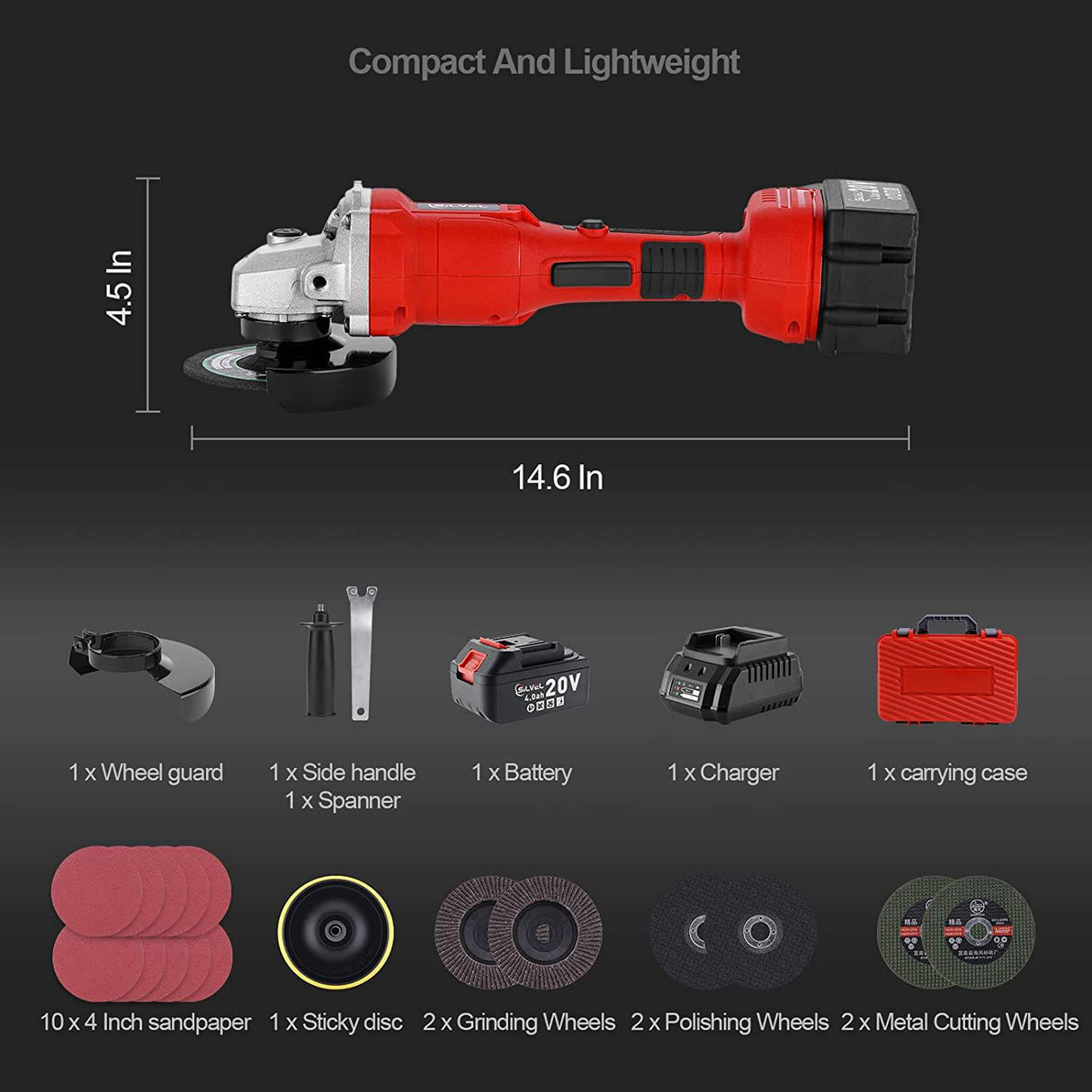 Amoladora angular inalámbrica SILVEL de 20 V, amoladora inalámbrica de 4 pulgadas y 9000 RPM con batería de iones de litio de 4,0 Ah, cargador, mango de 2 posiciones, amoladoras angulares eléctricas para cortar y pulir - DIGVICE MX
