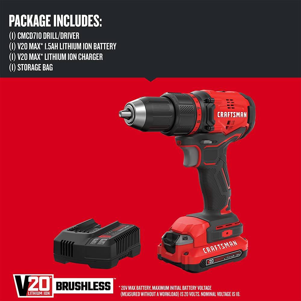 Kit de taladro/atornillador inalámbrico CRAFTSMAN V20*, sin escobillas (CMCD710C1), rojo, 1/2 pulg. - DIGVICE MX