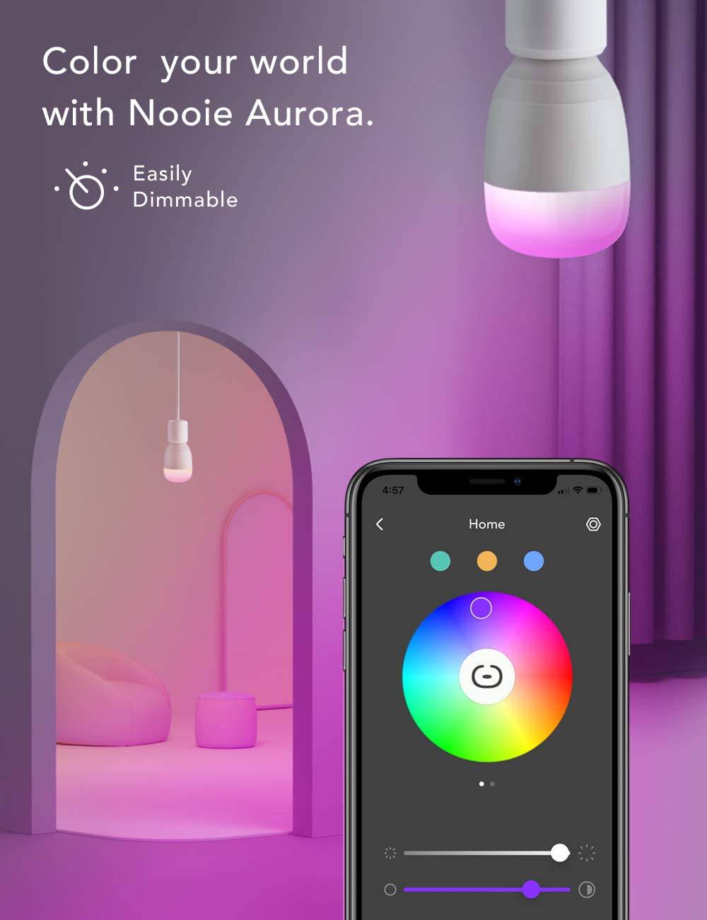 Nooie  - Bombillas LED inteligentes WiFi E26 Bombilla multicolor compatible con Alexa, Google Home, A19 10W 800LM 2800K-6000K RGB Bombilla que cambia de color con horario y temporizador 2.4GHz WiFi UL listado (no requiere concentrador) - DIGVICE MX