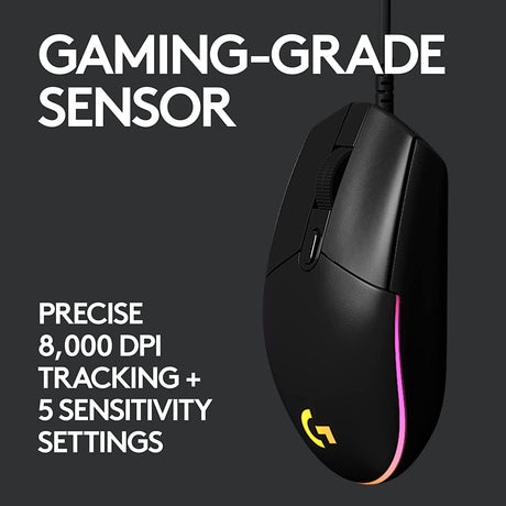 Logitech G203 - Ratón para juegos con cable, 8,000 DPI, efecto óptico arcoíris LIGHTSYNC RGB, 6 botones programables, memoria integrada, mapeo de pantalla, compatible con computadoras PC/Mac y portátiles - Negro