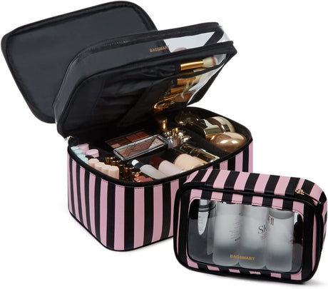 BAGSMART - Bolsa de maquillaje grande, estuche de viaje con bolsa de aseo transparente, organizador de maquillaje de doble capa con divisores ajustables, bolsa de almacenamiento portátil para artistas, rayas de cuero negro y rosa