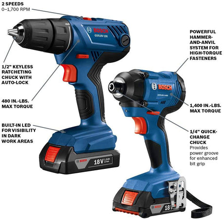 Kit combinado de 2 herramientas BOSCH de 18 V con 1/2 pulg. Taladro/atornillador compacto y 1/4 pulg. Atornillador de impacto hexagonal GXL18V-26B22 - DIGVICE MX