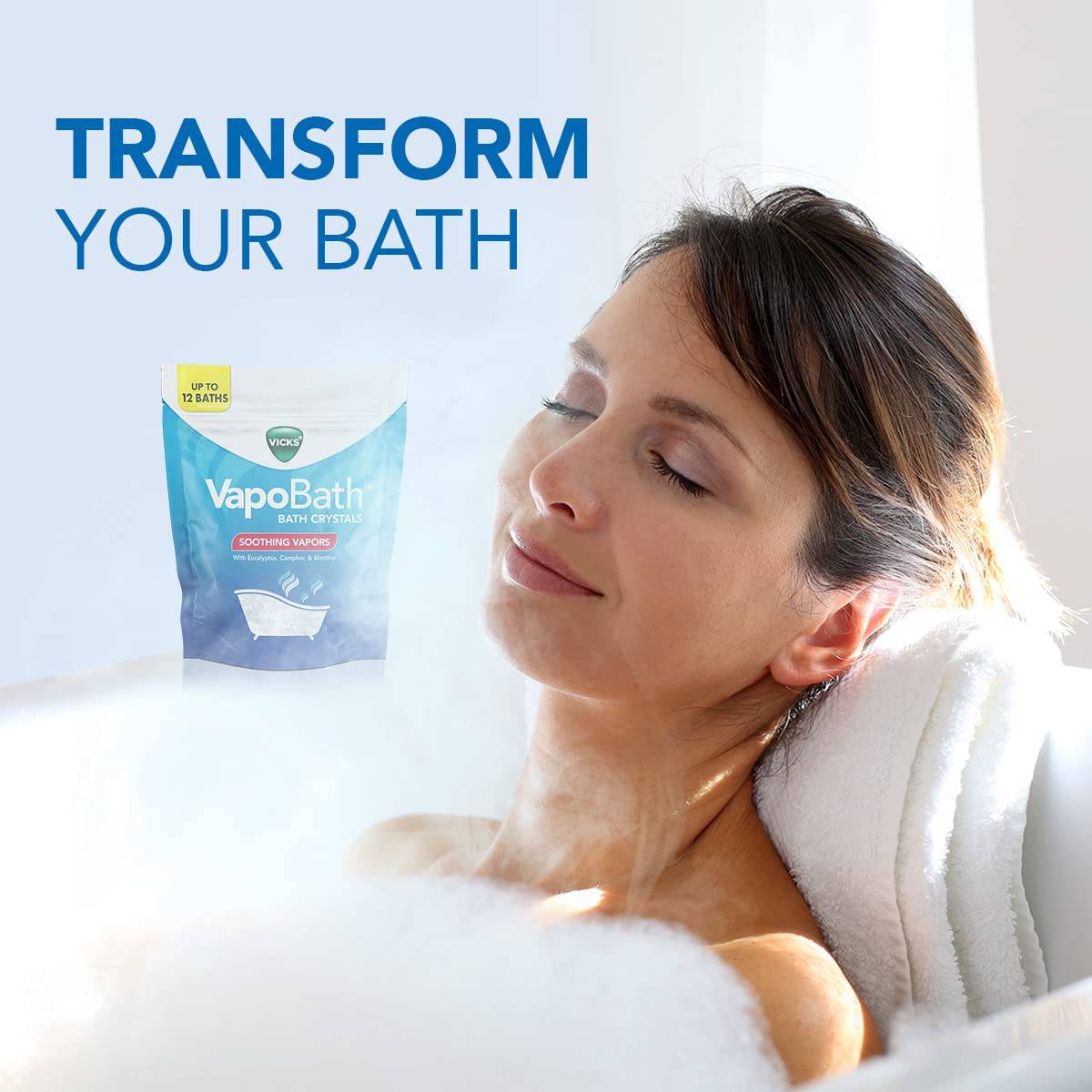 Vicks VapoBath, cristales de baño, bomba de baño, sales de baño no medicinales, aromaterapia de vapor calmante Vicks Vapors con eucalipto y mentol, contiene aceites esenciales, 36 oz
