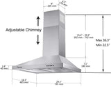 TIEASY - Campana extractora de montaje en pared de 30 pulgadas con conducto convertible con/sin conducto, estilo chimenea de acero inoxidable con luz LED, ventilador de escape de 3 velocidades, 450 CFM - DIGVICE MX