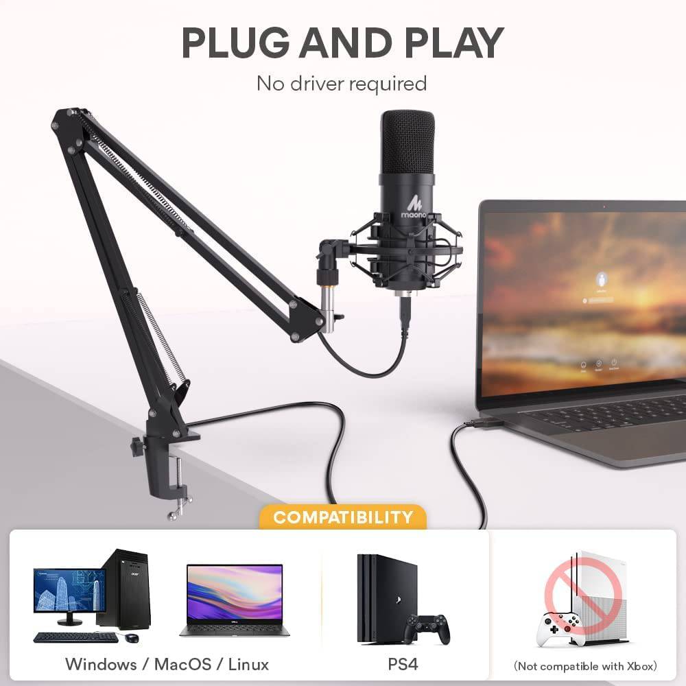 MAONO Micrófono USB, 192KHZ/24Bit Plug & Play PC Computadora Podcast Condensador Cardioide Kit de micrófono de metal con chipset de sonido profesional para grabación, juegos, canto, YouTube (AU-A04)