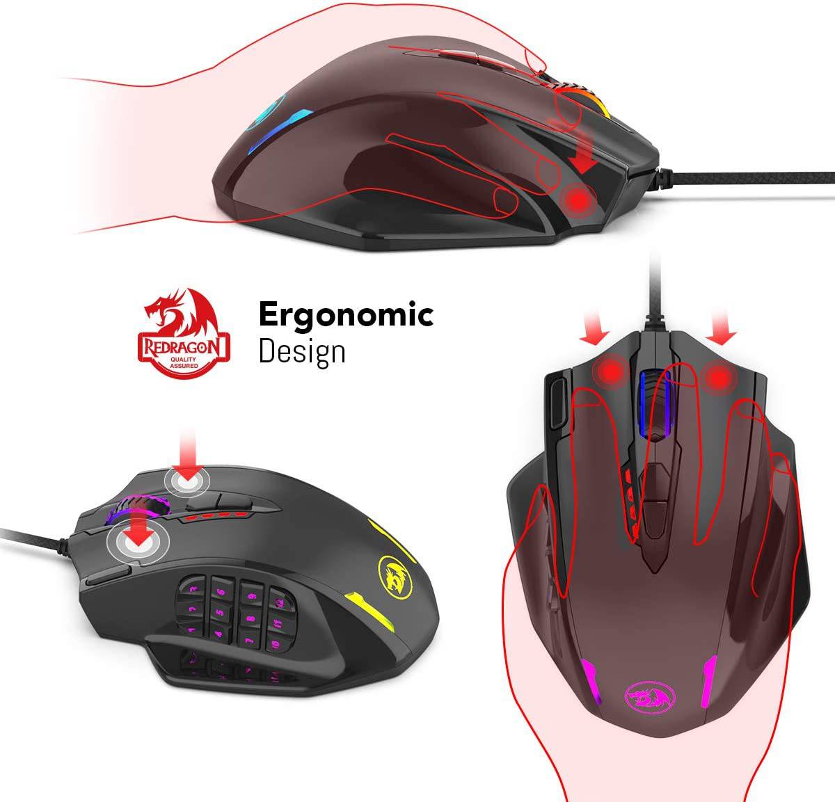 Ratón Redragon M908 Impact RGB LED MMO con botones laterales Ratón óptico para juegos con cable con 12 400 DPI, alta precisión, 20 botones de ratón programables