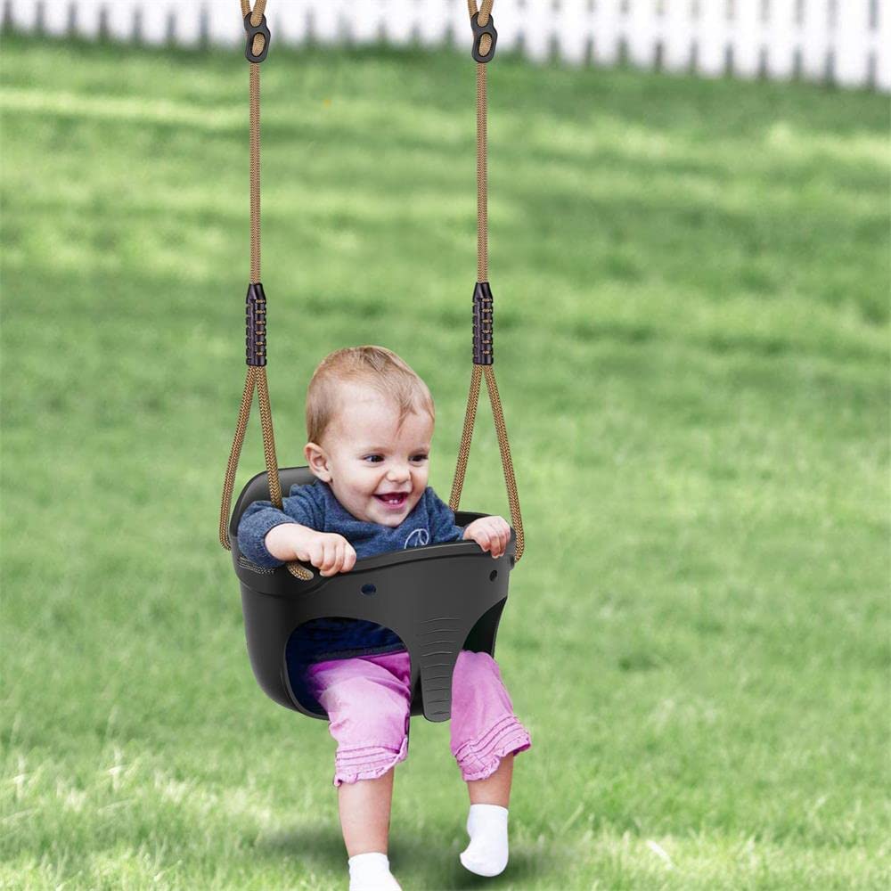 SELEWARE Asiento de columpio para niños pequeños con respaldo alto y respaldo alto con mosquetones de bloqueo y cuerda ajustable, lindo diseño en forma de elefante, límite de peso de 600 lb (columpio de cubo, negro) - DIGVICE MX