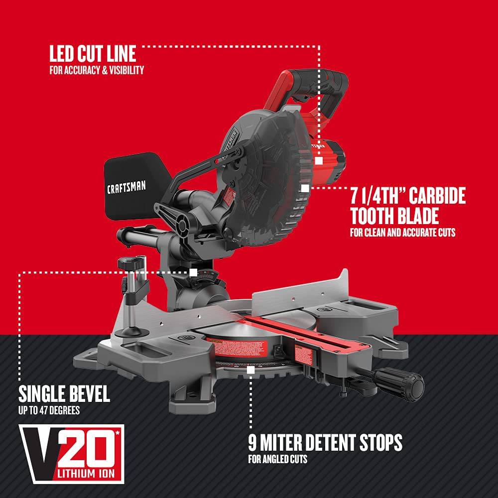 CRAFTSMAN V20 Kit de sierra ingletadora deslizante de 7-1/4 pulgadas, inalámbrica (CMCS714M1) - DIGVICE MX