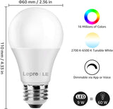 LEPRO - Bombillas WiFi inteligentes, luces LED que cambian de color, funciona con Alexa y Google Assistant, RGBW 2700K-6500K, equivalente a 60 W, regulable con aplicación, A19 E26, no requiere concentrador, solo WiFi de 2,4 GHz, paquete de 4 - DIGVICE MX