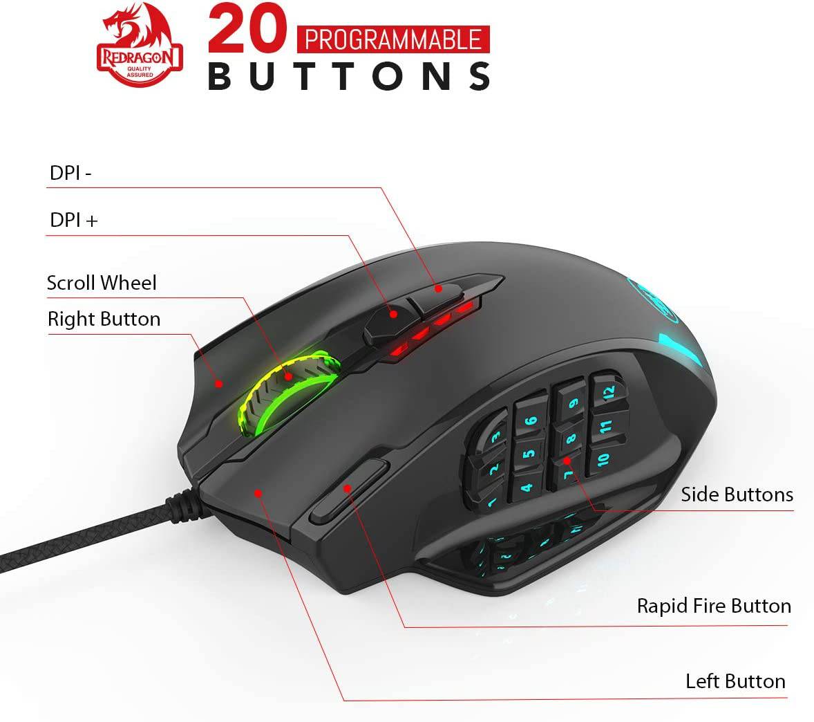 Ratón Redragon M908 Impact RGB LED MMO con botones laterales Ratón óptico para juegos con cable con 12 400 DPI, alta precisión, 20 botones de ratón programables