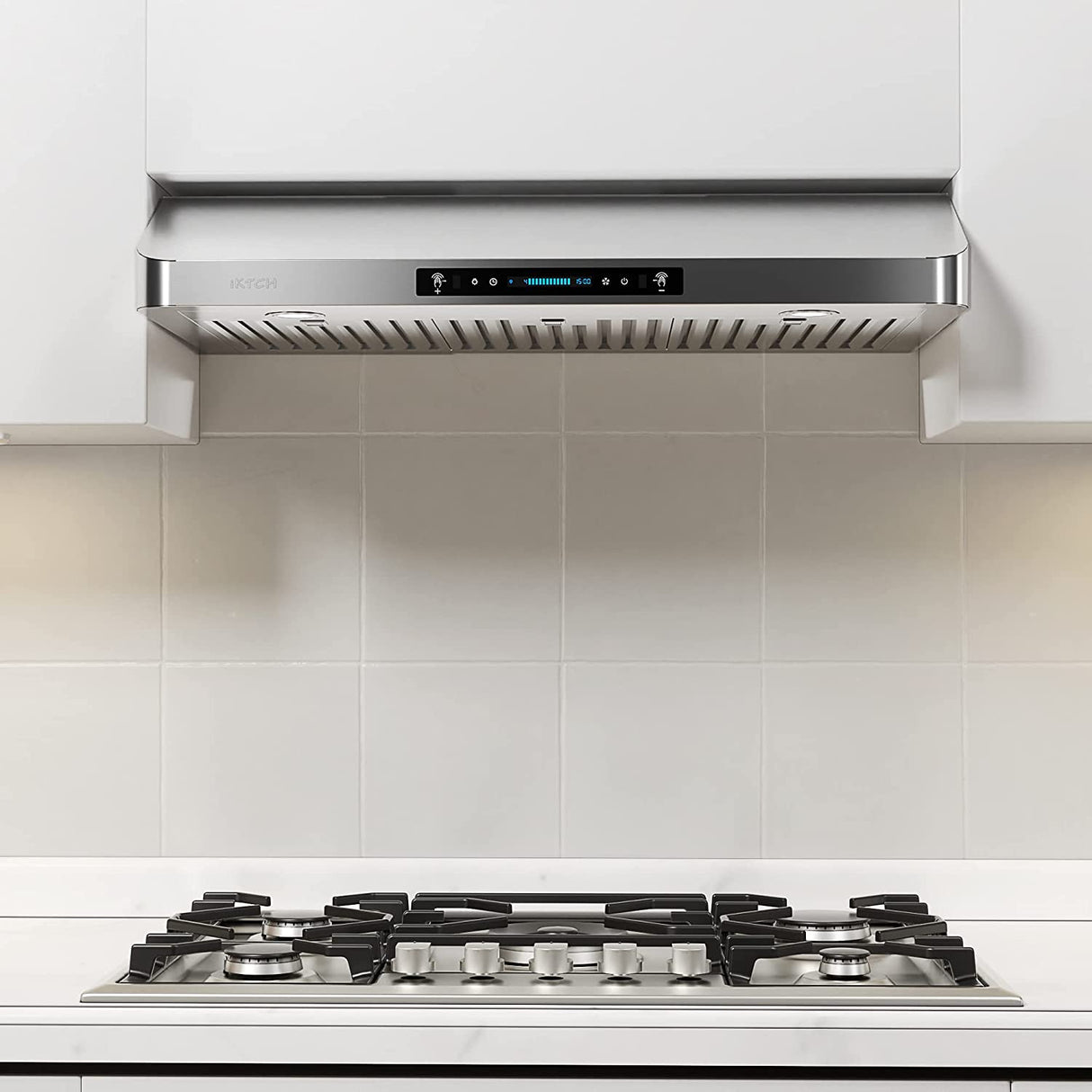 IKTCH Campana extractora para debajo del gabinete de 30 pulgadas con 900-CFM, sensor de gestos de 4 velocidades y panel de control táctil, ventilación de cocina de acero inoxidable con 2 filtros deflectores (IKC01-30) - DIGVICE MX