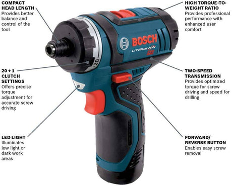 Destornillador de bolsillo de dos velocidades BOSCH PS21N de 12 V máx. (herramienta básica) - DIGVICE MX