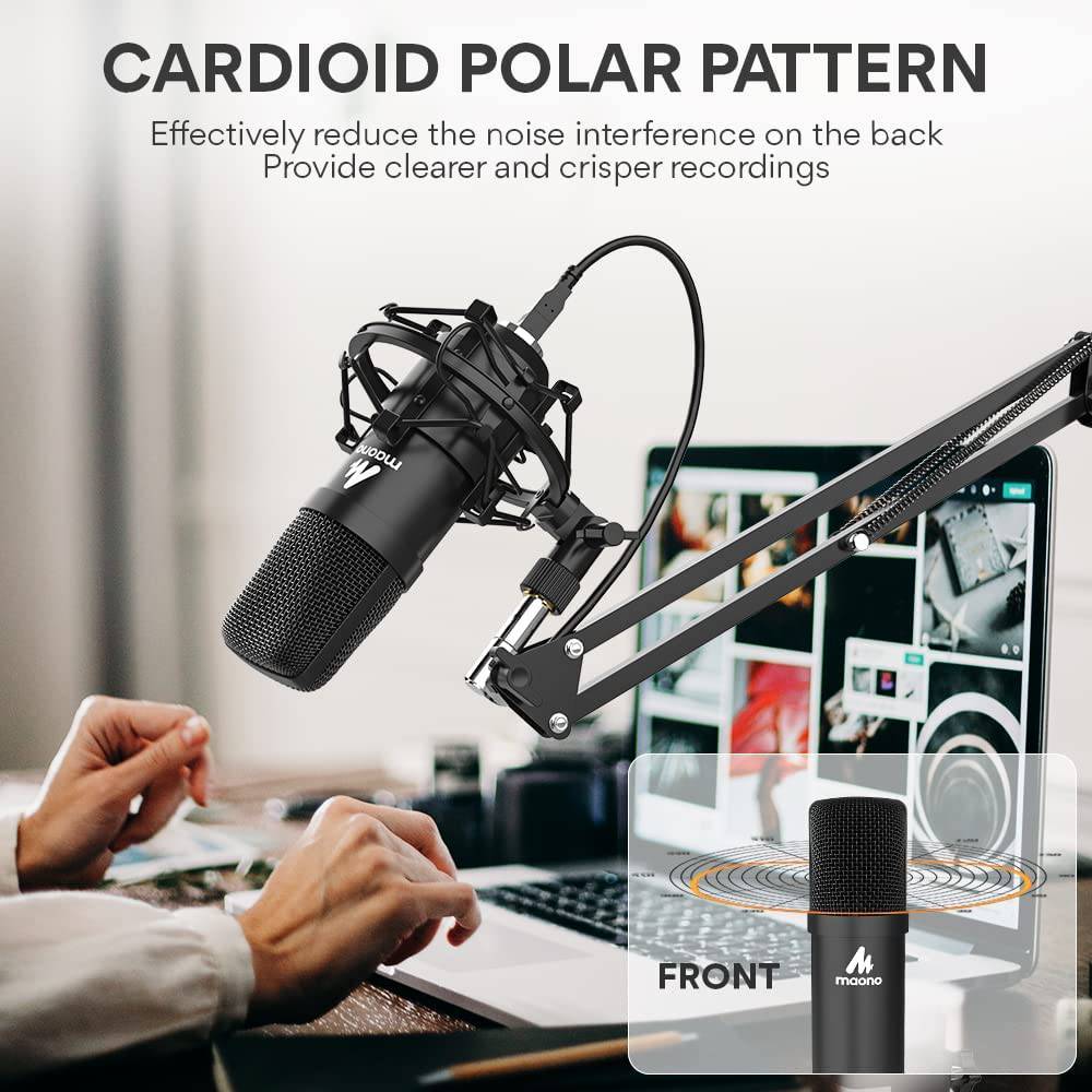 MAONO Micrófono USB, 192KHZ/24Bit Plug & Play PC Computadora Podcast Condensador Cardioide Kit de micrófono de metal con chipset de sonido profesional para grabación, juegos, canto, YouTube (AU-A04)