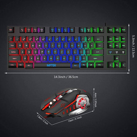 MFTEK RGB Rainbow Gaming Keyboard and Mouse Combo, Compact 87 Keys Backlit Computer Keyboard con Gaming Mouse, USB Wired Set para PC Gamer Laptop Work