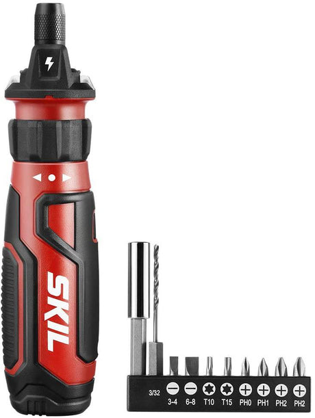 Destornillador inalámbrico SKIL recargable de 4 V con tecnología de sensor de circuito, incluye 9 puntas, 1 soporte para puntas, cable de carga USB - SD561201, rojo - DIGVICE MX